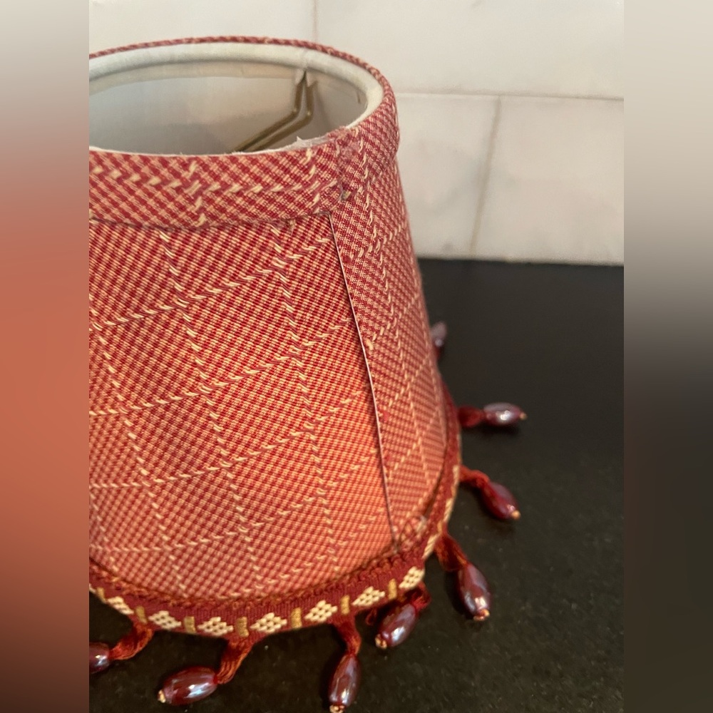 Red plaid Chandelier Shades with hanging beads  • Set of 2 - Picture 3 of 8